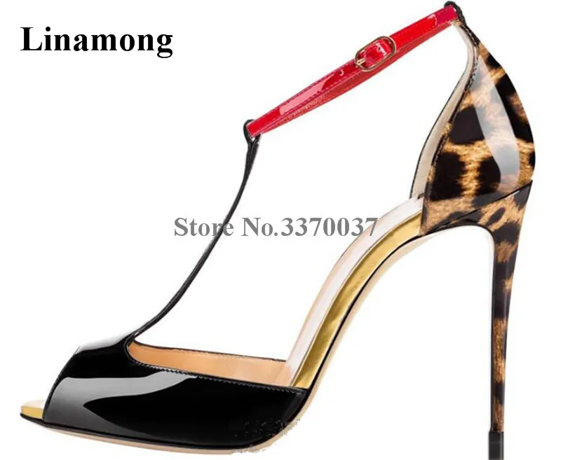 

Women Brand Fashion Peep Toe Patent Leather T-strap Stiletto Thin Heel Pumps Patchwork Colors High Heels Formal Dress Shoes