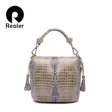 REALER brand genuine leather handbag women small tote bag tassel shoulder bags female serpentine pattern leather bucket bag