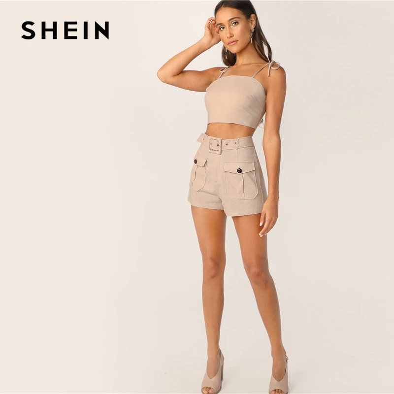 SHEIN топ на завязках и регулируемые шорты с поясом комплект сексуальный хаки сплошной Спагетти ремень летний без рукавов Женский комплект из 2 предметов