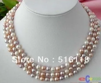 

free shipping 3ROWWHITE PINK LAVENDER ROUND FRESHWATER PEARL NECKLACE
