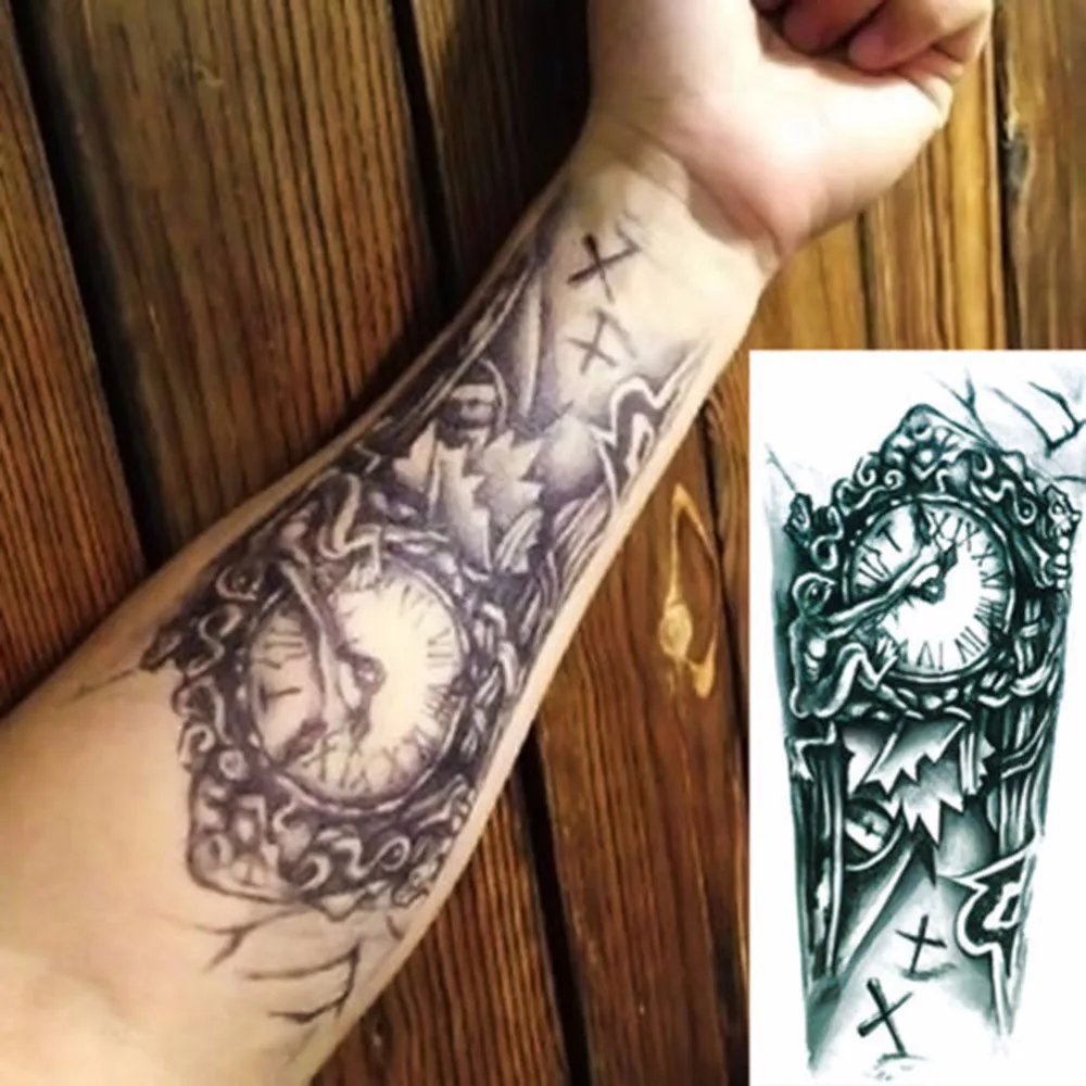 طويلة tatuajes temporales أكمام تاتو الجسم الفن خمر ساعة قديمة المؤقتة وهمية فلاش الوشم ملصق Taty