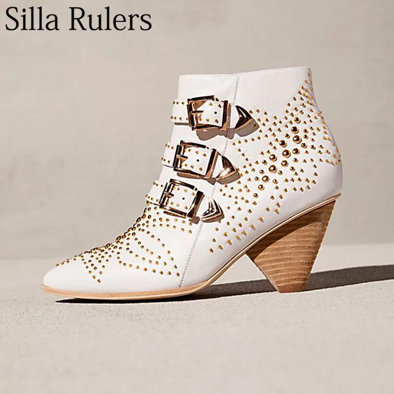 

Silla Rulers 2018 new winter ladie pointed toe rivet martin boots beige genuine leather spike heels ankle boots women Punk boots