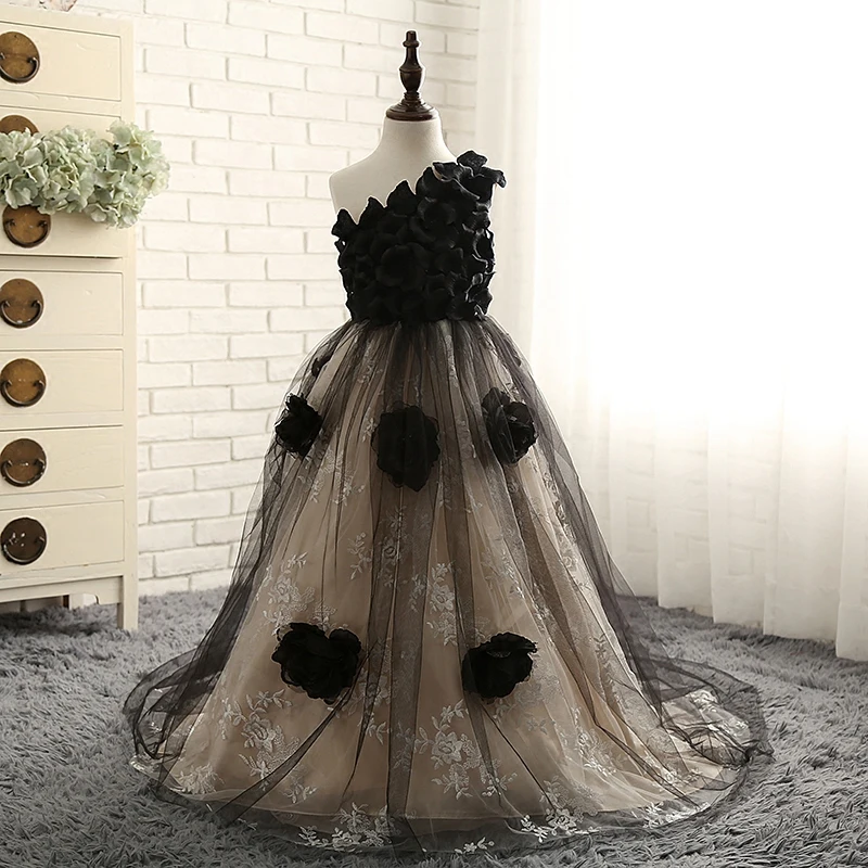 

One shoulder Princess Girl Dress Ball Gown Kids Wedding Party Dresses Long Floral Girls Dresses Black Children Evening Gown D76
