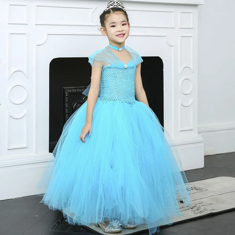 Блестящее голубое платье-пачка принцессы Золушки из фатина; элегантное платье Эльзы без рукавов для костюмированной вечеринки; платье для дня рождения; Vestido; одежда для малышей