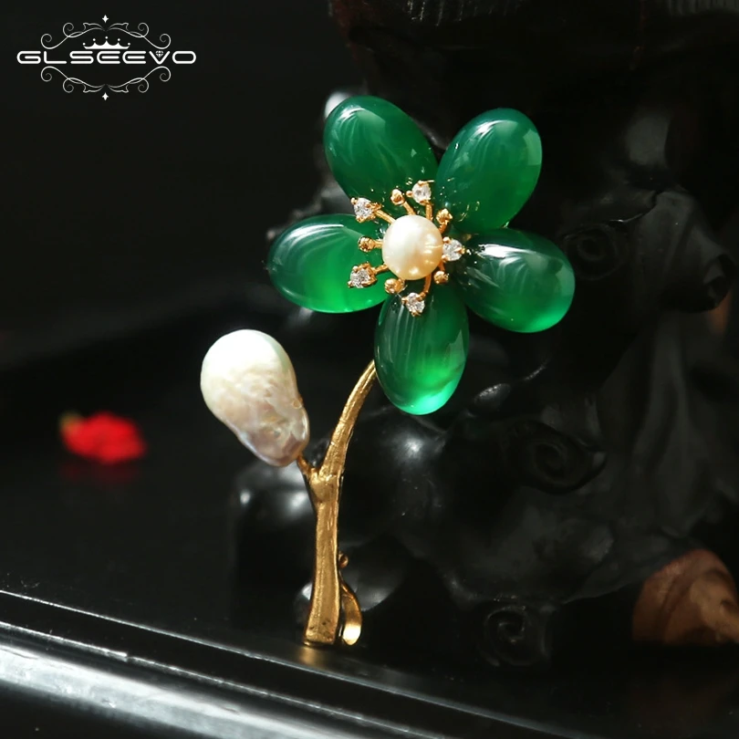 

XlentAg Natural Green Chalcedon Flower Brooch Pins Pearl Brooches For Women Engagement Gifts Dual Use Luxury Fine Jewelry GO0137