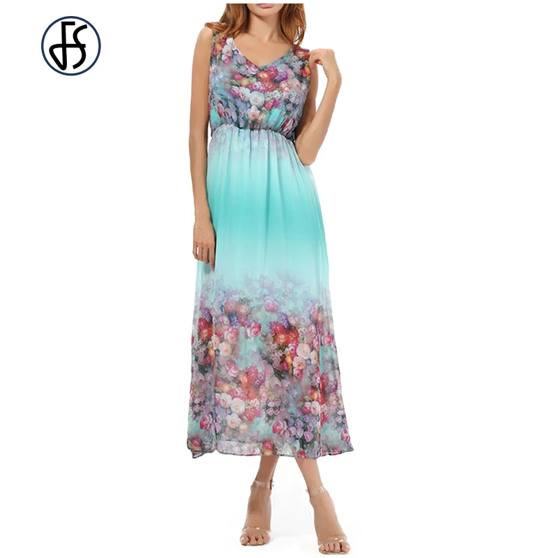 FS Summer Green Sexy Women Chiffon Dress Floral Print O Neck Sleeveless Party Beach Long Bohemia Dresses Female XXL XXXL | Женская
