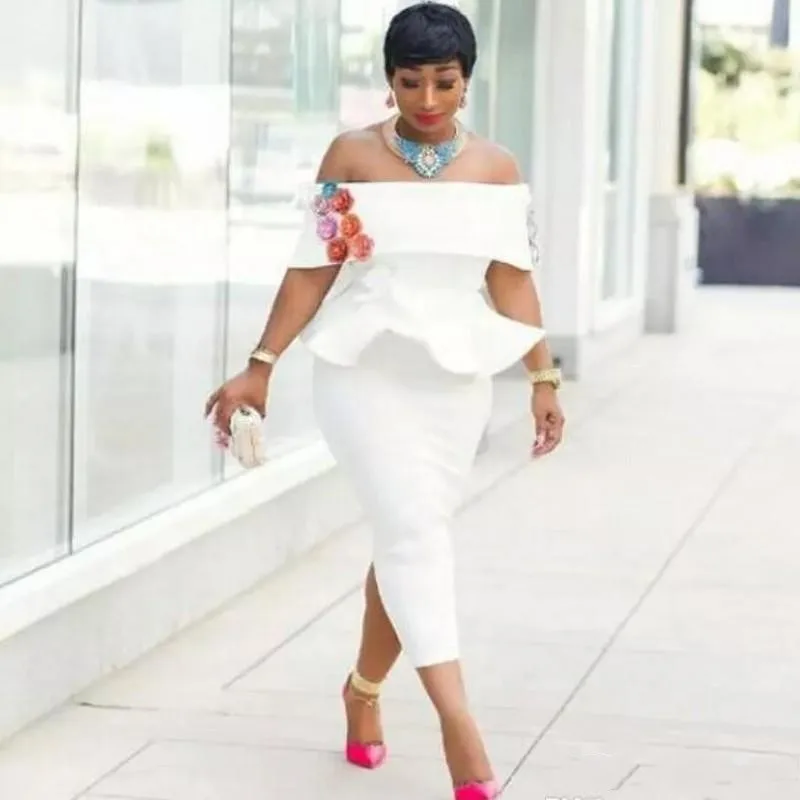 

White 2019 Prom Dresses Off The Shoulder Ruffles Appliques Handmade Back Split Mid Length Evening Dress Gowns vestido de festa