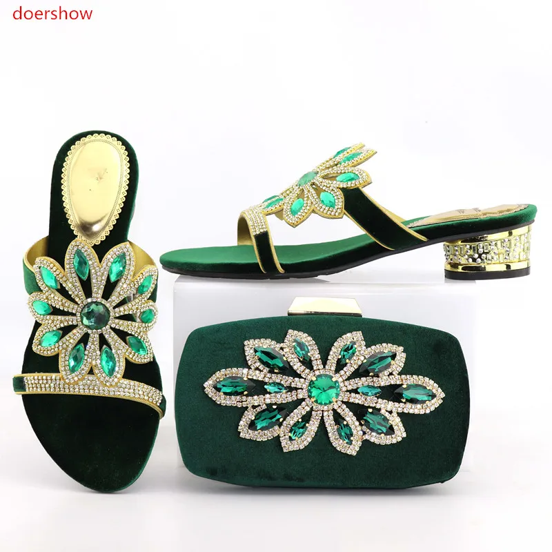 

doershow Top Quality Italian Woman Shoes And Bag Set Summer Decorated With Rhinestone Pumps Shoes And Bag For Party SZQ1-13