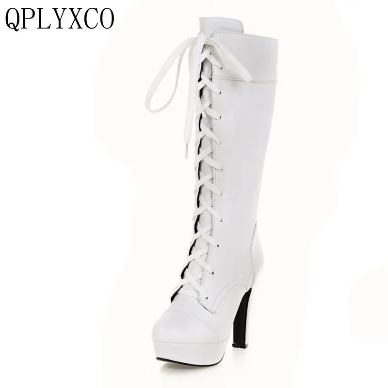 QPLYXCO/Новинка; Модные женские ботинки; сезон осень-зима; теплые высокие ботинки на высоком каблуке со шнуровкой; женская обувь; большие размеры 31-45; M-20