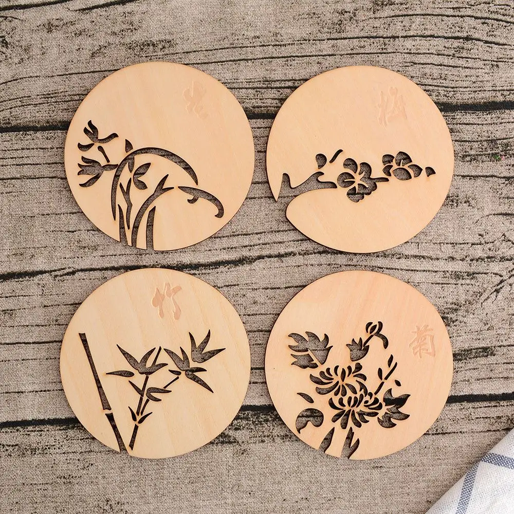 1 pcs Chinese Style Cup Mat Flowers Wooden Carved Round Heat Resistant