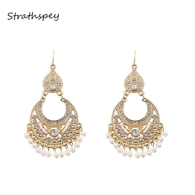 STRATHSPEY Luxury Vintage Tassel Antique Gold Big Rhinestone Pearl Earrings Bijoux boucles d'oreilles Europe Indian Noble Style