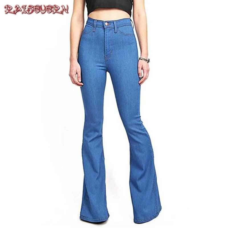 RAISEVERN 2018 Spring Autumn Wide Leg Distressed Flared Jeans Women Vintage Slim Denim Clothing Pocket Vintage Bell Bottom Jeans