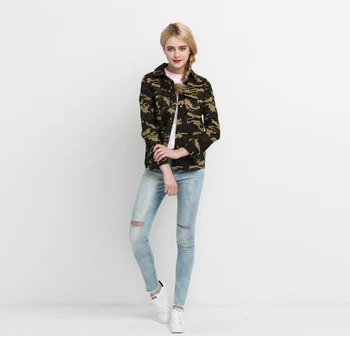 

Green Camouflage Two Pockets Contracted Jacket Women Autumn Lapel Collar Long Sleeves Single Breasted Cotton Coat TA02800070