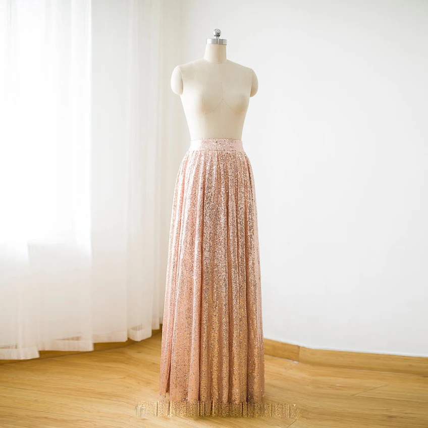 

Rose Pink A-line Long Sequined Skirts Pleated For Women Zipper Style Female Skirt Adult Custom Made New Arrival Saias 2018