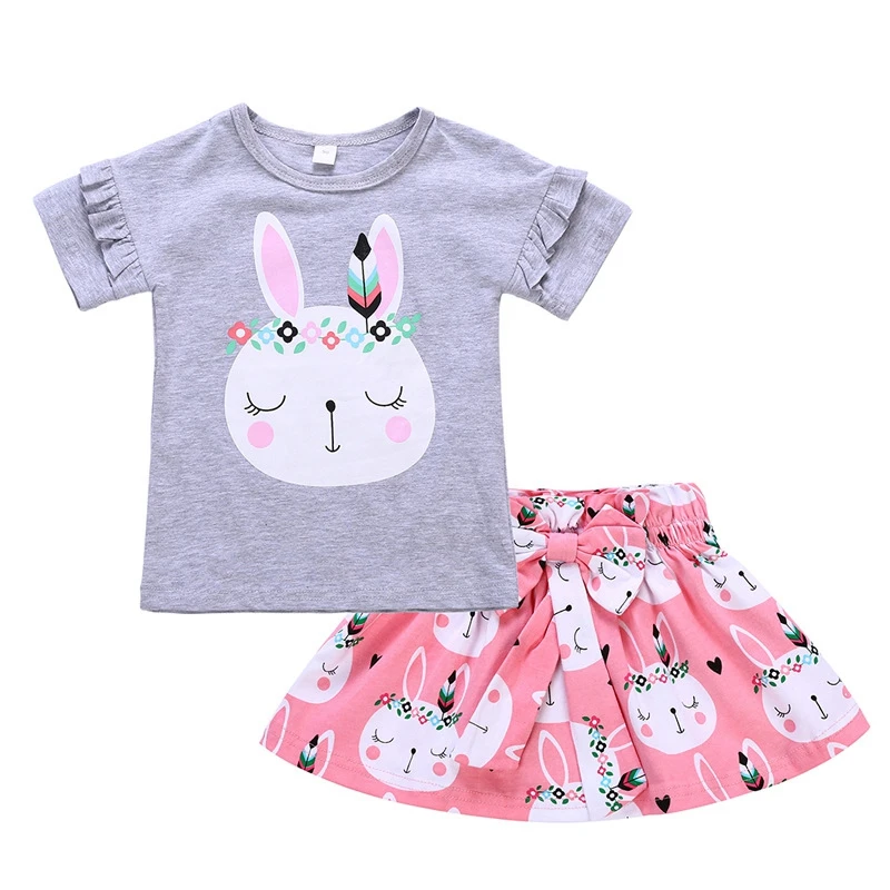 

Summer Girls Set Cotton Short Sleeve Cartoon Animal Bunny T-Shirt + Flower Bow Short Skirt Two-Piece Sets