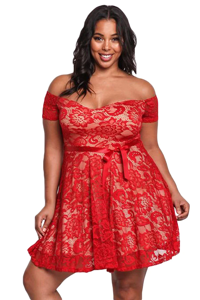 Red-Plus-Size-Floral-Lace-Flared-Off-Shoulder-Dress-LC220195-3-1