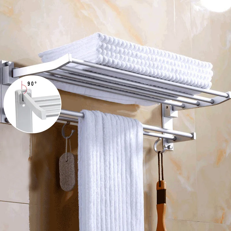 

2 Layer Aluminum Bathroom Towel Rack Holder Foldable Storage Hanger Home Hotel Towel Clothes Shelf with 3 Hooks