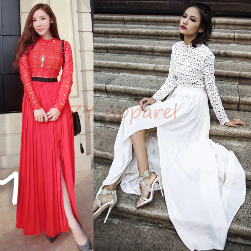 Red long sleeve pleated maxi dress shirts