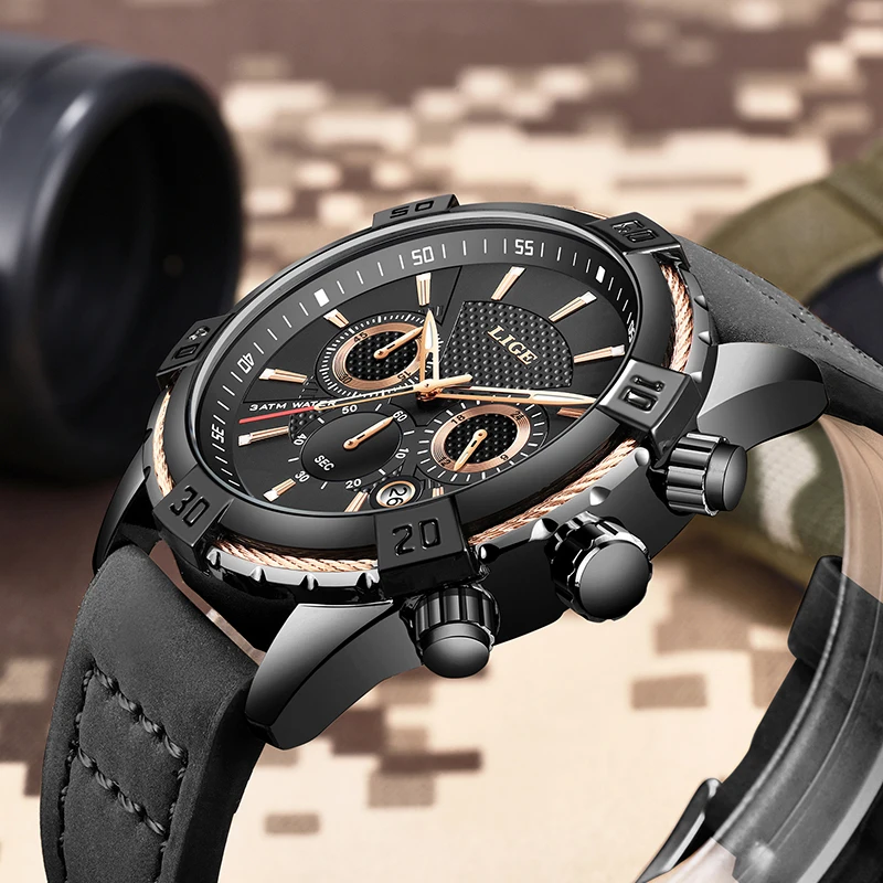 LIGE New Mens Watches Top Brand Luxury Male Casual Leather Watch For Men Mutifuction Waterproof Quartz Chronograph Montre Homme