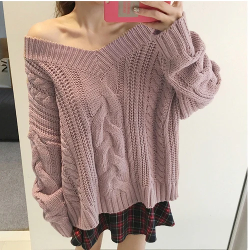 

Autumn 2019 Chic Solid Color Concise V Lead Pullover Sweater Off Shoulder Long Sleeve Sweater Hemp Flowers