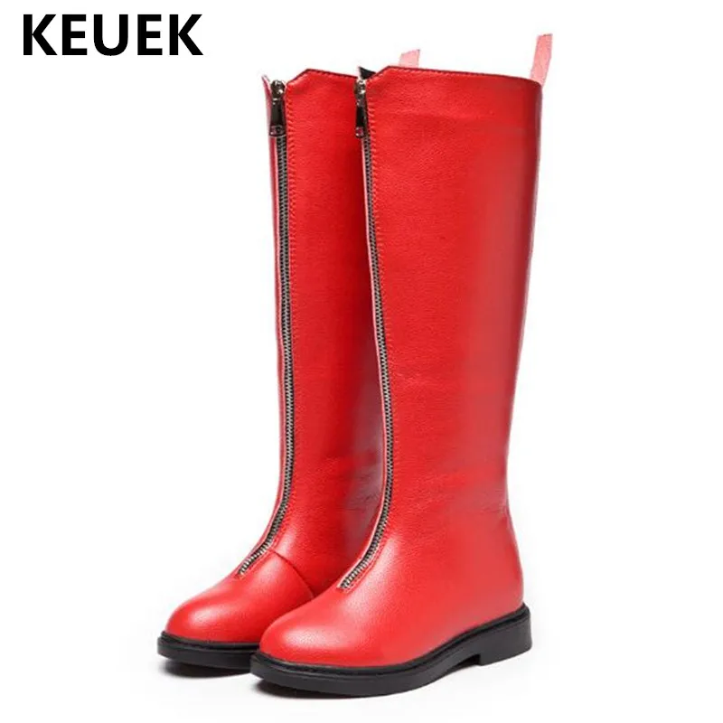 

New Fashion High Boots Girls Princess Snow Boots Front zipper Leather Boots Children With Plush Warm Kids Shoes Winter 041