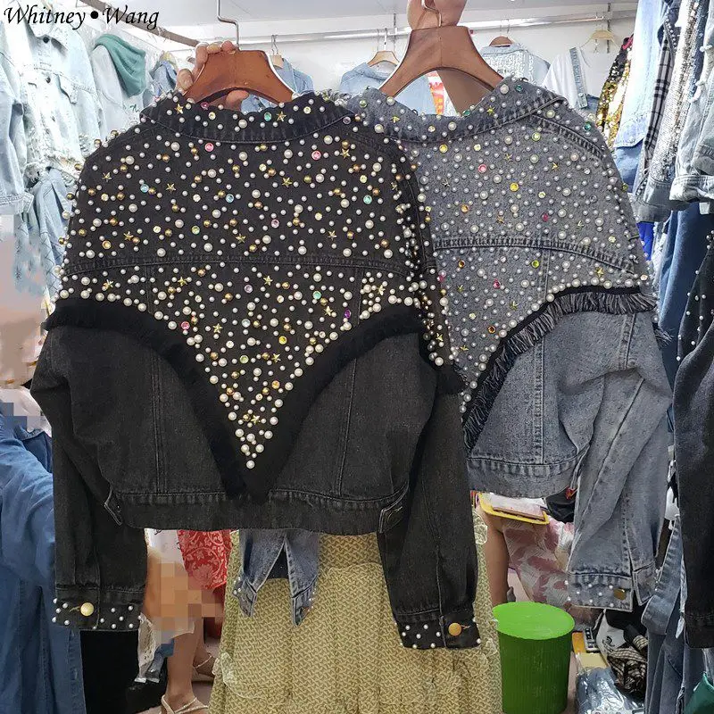 WHITNEY WANG Осенняя модная уличная джинсовая куртка ручной работы с бусинами и стразами женское джинсовое пальто - Цвет: Черный