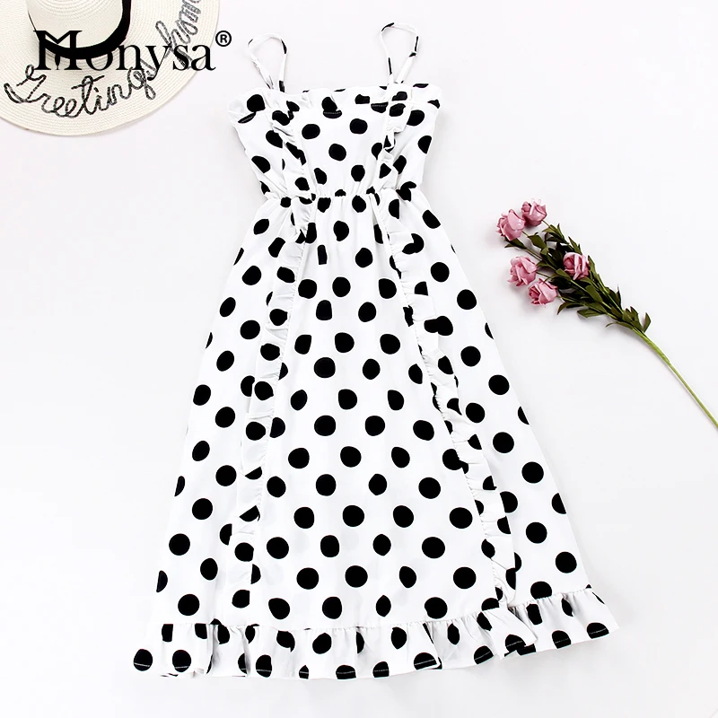 

Monysa Vintage Polka Dot Dresses Women 2019 New Fashion Spaghetti Strap Ruffle Dress Ladies Sleeveless Casual Midi Dress White