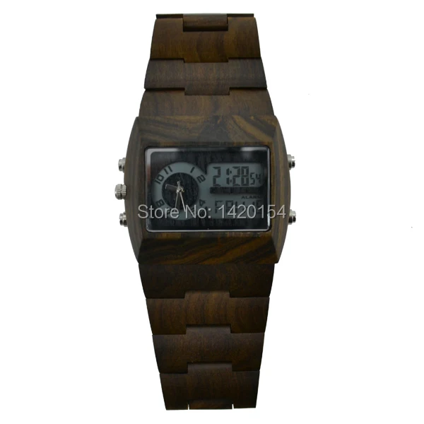 

BeWell Wooden Watch Black Sandalwood Rectangle Face Mens Analog Digital Watches