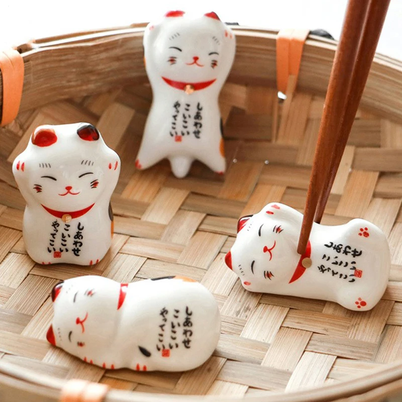 5pcs Mini Lucky Cat Ceramic Chopstick Stand Rest Holder Rack Table Ornaments