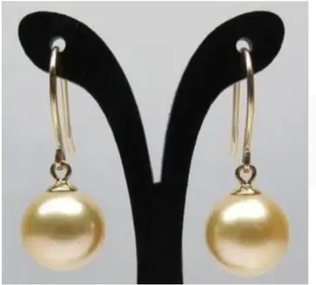 

AAA Round 10mm gold south sea shell Pearls Hook Earrings 925silver Yellow Gold