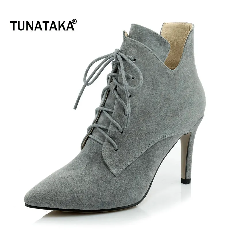 Goedkoop Vrouw Suede Puntschoen Lace Up Dunne Hoge Hak Enkellaars Mode Kruis Gebonden Jurk Winter Laarzen Zwart Grijs Groen