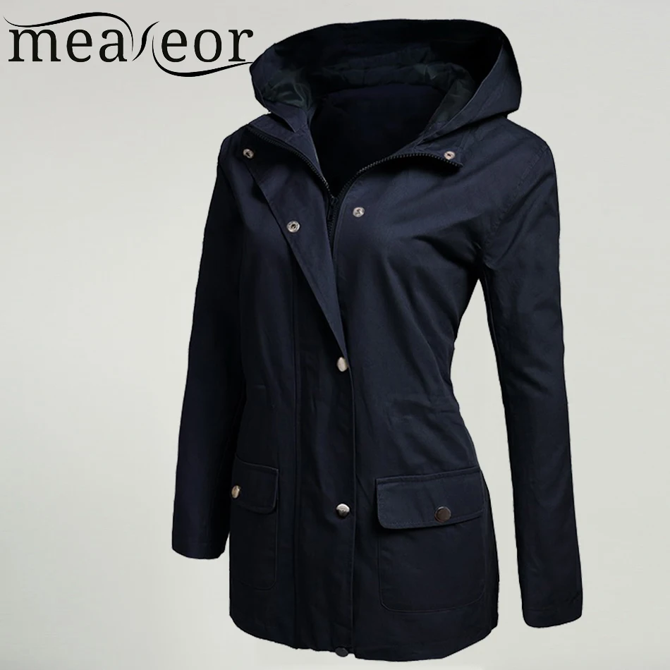 Meaneor Women Military Jacket with Pocket Spring Autumn Solid