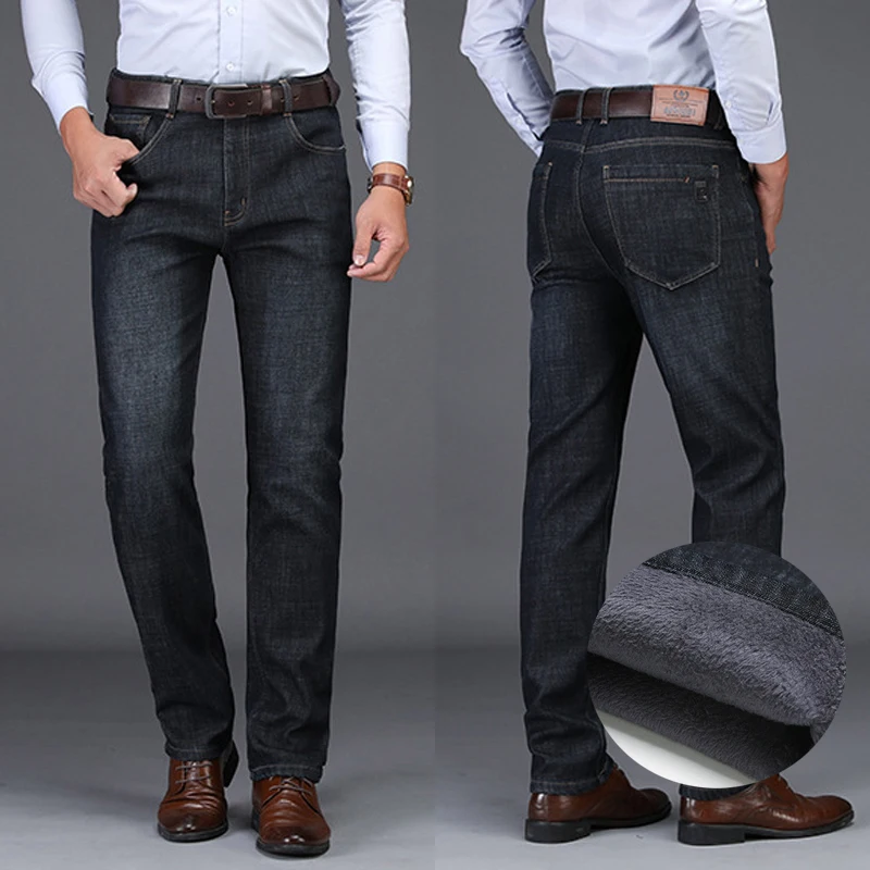 Jeans Men Winter Casual Pants Straight Keep Warm Flocking Soft Male