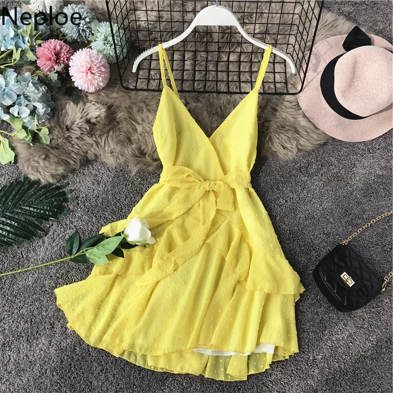 

Neploe French Backless Women Dress Summer 2019 Sexy V-Neck Sleeveless Vestido Drawstring Ruffles Slim Waist Female Dresses 44951