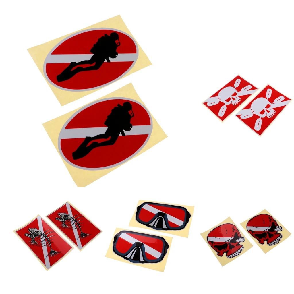 Perfeclan Reflective Scuba Diving Diver Down Flag Kayak Sticker Vinyl Decal Red Waterproof Skeleton Fish Kayak Accessories 2Pcs