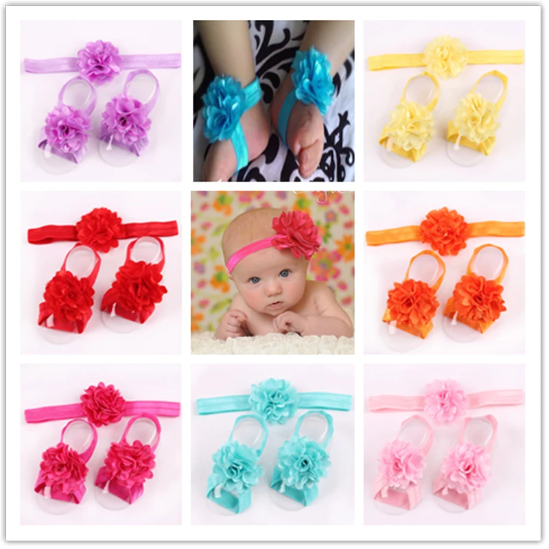 

bebes accesorios Cute Foot Flower Barefoot Sandals Headband Set Elastic Hairbands baby accessories 3PCS