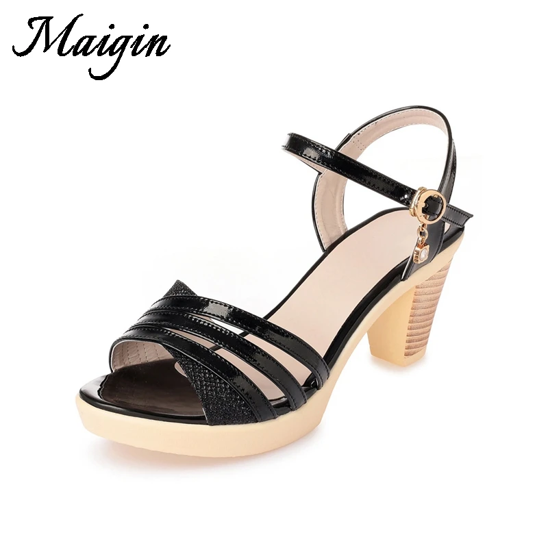 Maigin Genuine Leather Platform Shoes 2018 High Heels Women Sandals Peep Toe Summer Shoes Buckle Strap Black Ladies Sandals
