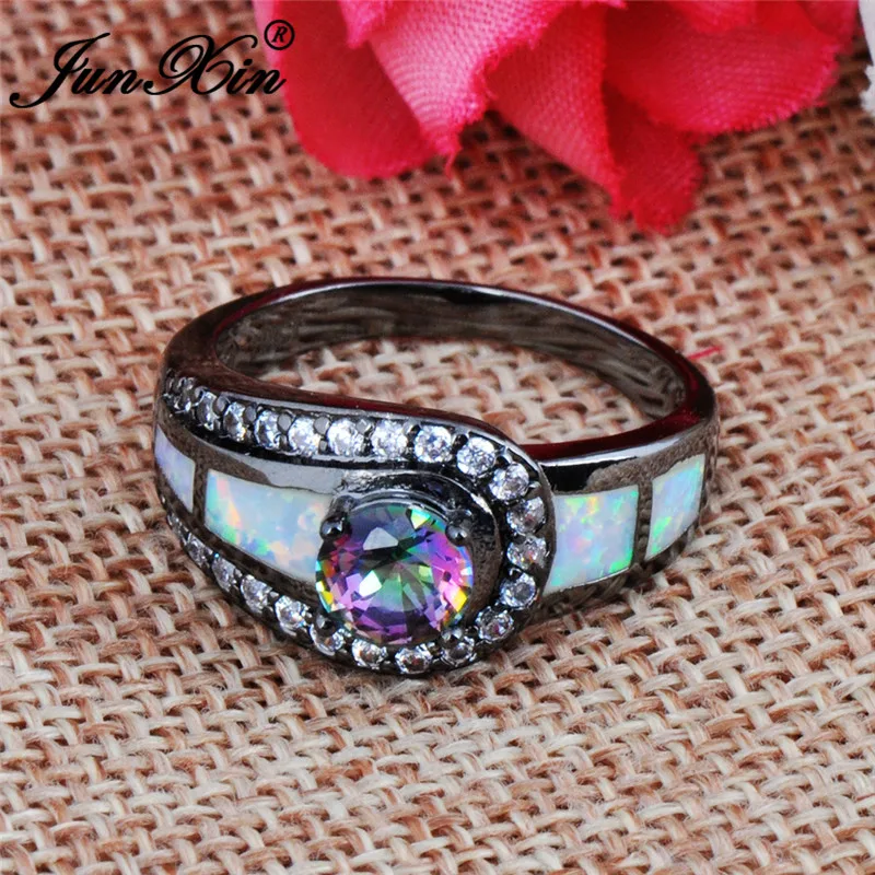 JUNXIN Boho Rainbow Fire Zircon White Fire Opal Rings For Women Black Gold Filled Round Stone Engagement Ring Female Crystal CZ