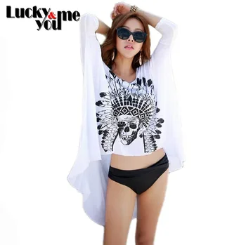

2020 Summer Women Casual Fashion Sexy White Plus Size Skeleton Print Cotton Bikini Cover Ups Girls Beach Wear Lrregular Pullover