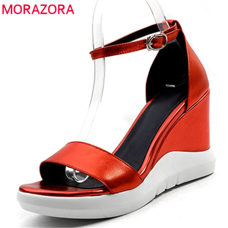 

MORAZORA 2018 new style women sandals genuine leather summer shoes simple buckle platform shoes elegant wedges high heels shoes