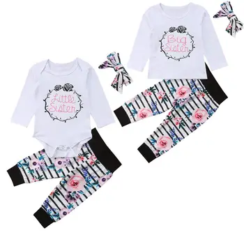 

3PCS Set Big/Little Sister Long Sleeve Cotton Tops+Striped Floral Pant Headband Outfits Family Match Clothes