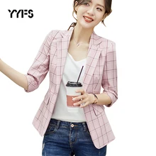Клетчатый блейзер для женщин, на одной пуговице, осень, три четверти, повседневные куртки, женские розовые костюмы, пальто, офисный Блейзер высокого качества, Mujer 3XL