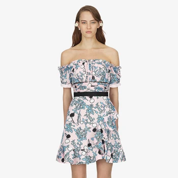 

Self Portrait Dress Women 2018 Sexy Off Shoulder Strapless Dress For Women Summer Ruffles Pink Floral Printed Dress Female