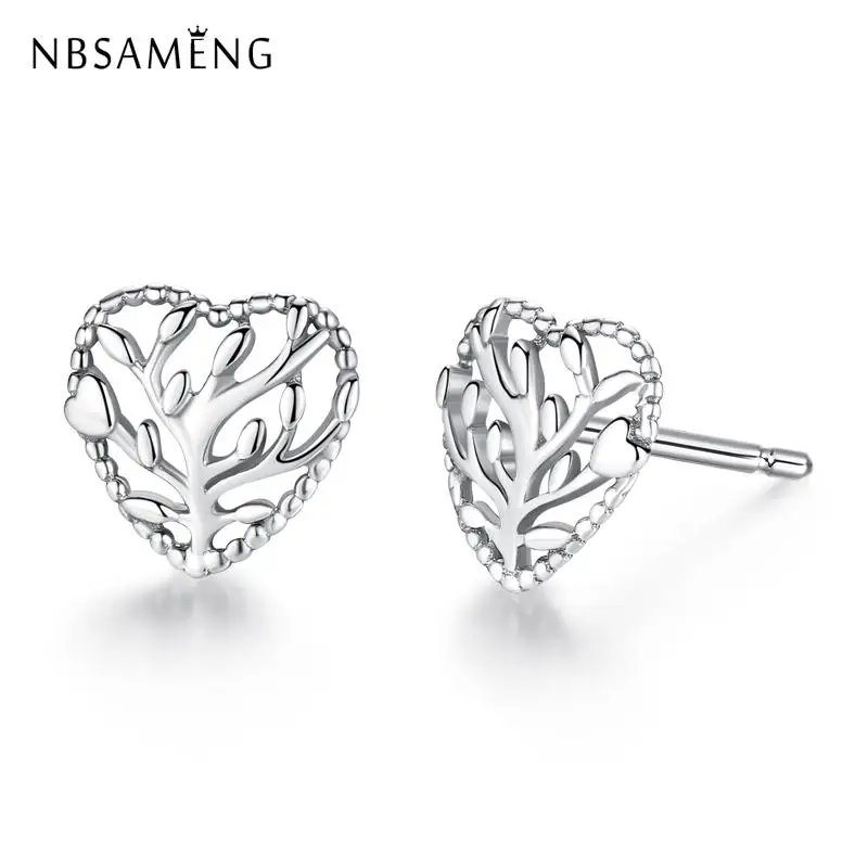 

New Authentic 925 Sterling Silver Earrings Family Heritage Tree Love Heart Silver Buckle Round Earrings Fine Jewelry For Women