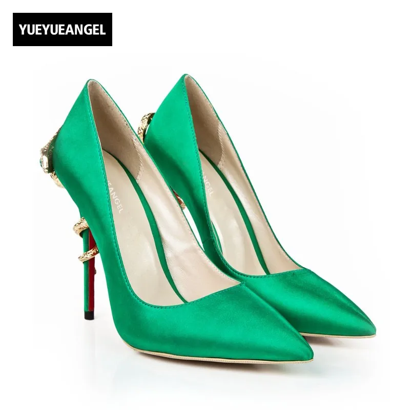 

Brand New Metal Snake Design Thin High Heels Shoes Women Party Office Lady Work Pointed Toe Dress Shoes Genuine Leather Pumps