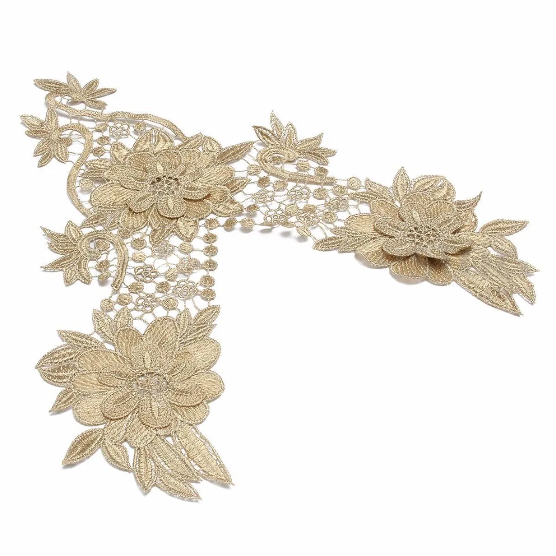 Trim Applique Floral Lace Collar Embroidery Neckline Trendy Design 26*37.5cm Gold Color
