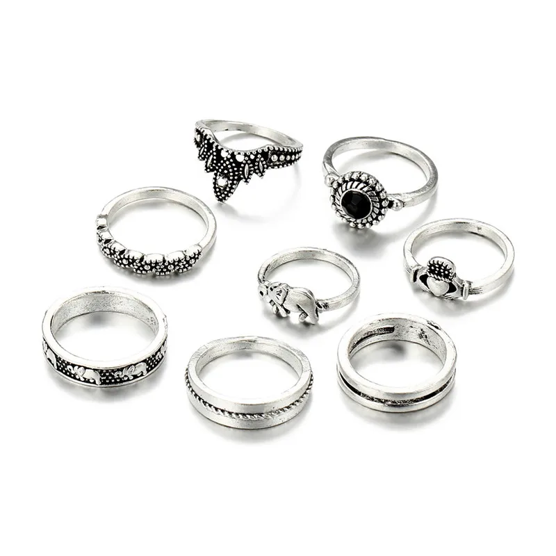 

New 8pcs/Set Bohemian Vintage Silver Color Carved Crown Crystal Elephant Midi Rings For Women Black Stone Knuckle Rings Set