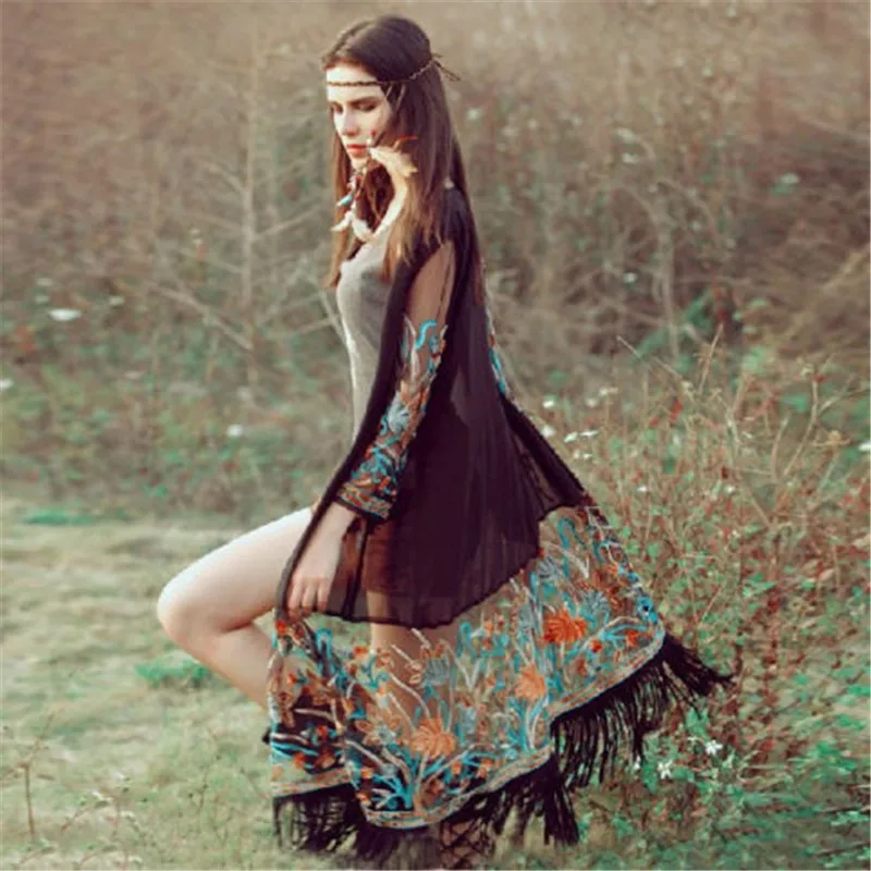 

Women Vintage Tassel Blouses Tradition Floral Printing Summer Chiffon Shirt Long Sleeve Patchwork Beach Wear Summer Sundress