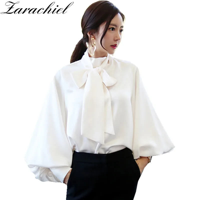 

New 2019 Spring Summer Blouse Women Vintage Long Lantern Sleeve Big Bowknot Lace-up Loose Shirt Office Lady Solid Chiffon Top