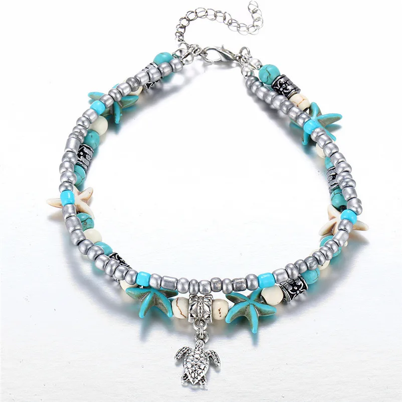 2018 NEW Beads anklets for women Double Turtle Sea Snail Sea Star Yoga Beach Foot Chain Sandals Pulseras Tobilleras J20#N (7)